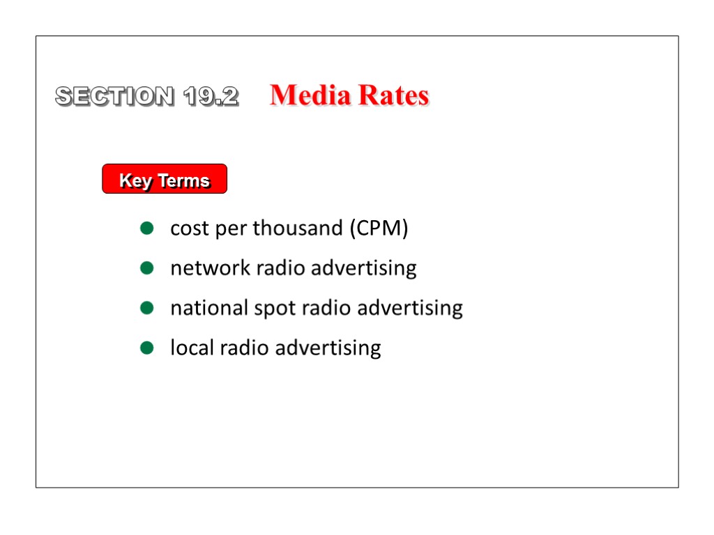 Key Terms cost per thousand (CPM) network radio advertising national spot radio advertising local